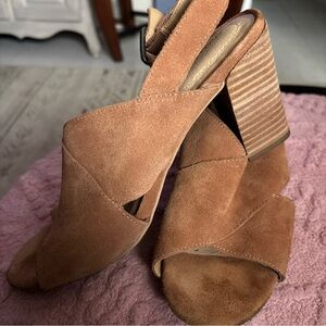 Adam Tucker Suede Crisscross Open-Toe Sandal — Tan